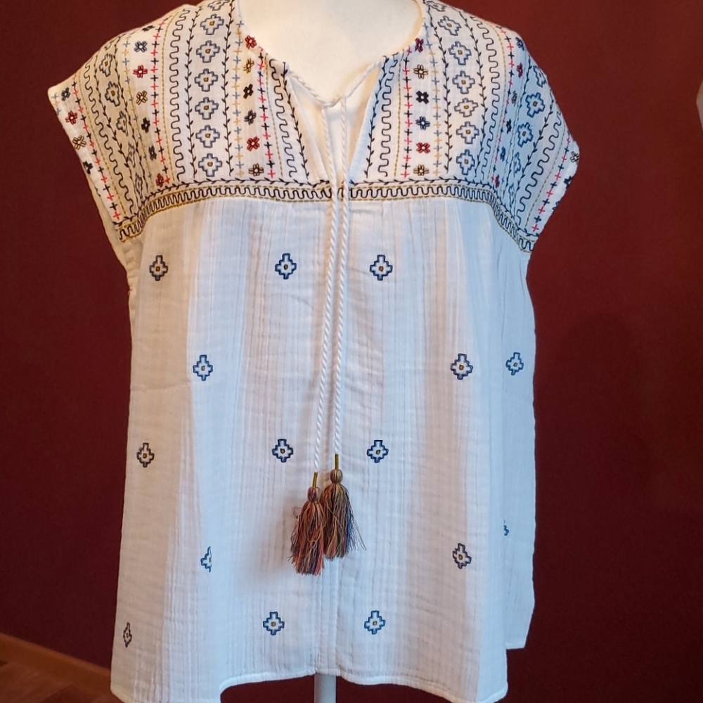 Multi Short Sleeve  Embroidered Top W/ Tassels